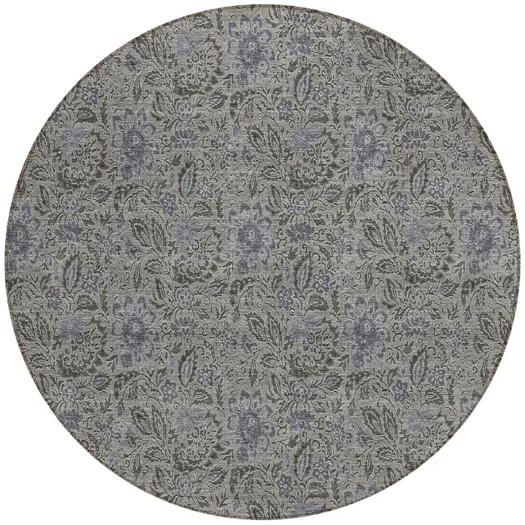 8' Khaki Taupe And Gray Round Floral Washable Indoor Outdoor Area Rug