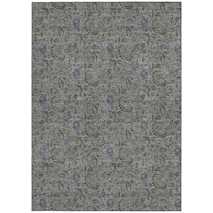 9' X 12' Khaki Taupe And Gray Floral Washable Indoor Outdoor Area Rug