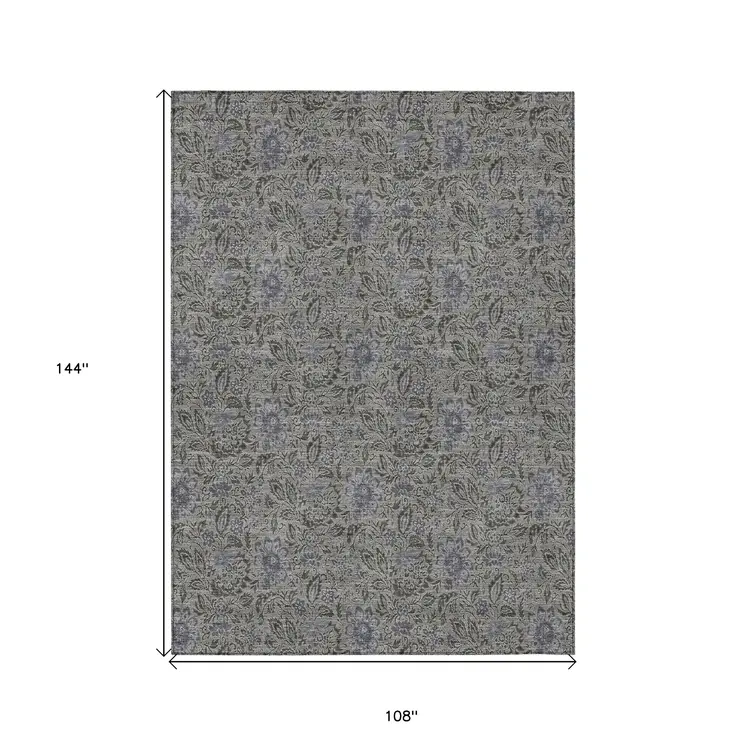 9' X 12' Khaki Taupe And Gray Floral Washable Indoor Outdoor Area Rug