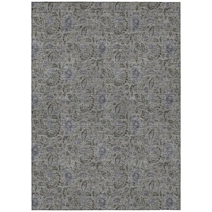 9' X 12' Khaki Taupe And Gray Floral Washable Indoor Outdoor Area Rug