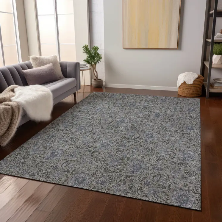 9' X 12' Khaki Taupe And Gray Floral Washable Indoor Outdoor Area Rug