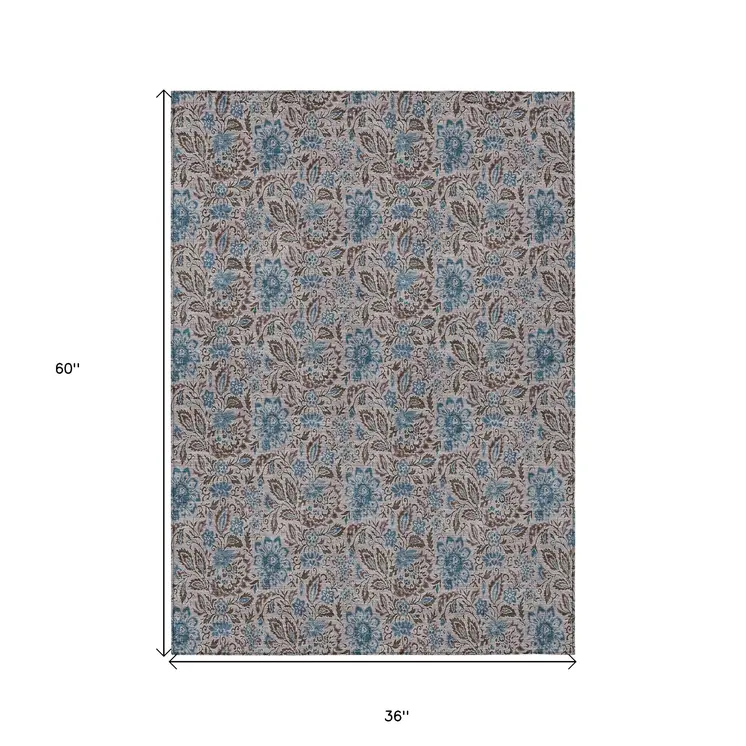 3' X 5' Brown And Blue Floral Washable Indoor Outdoor Area Rug