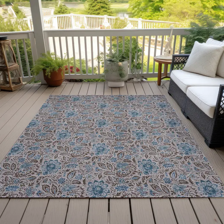 3' X 5' Brown And Blue Floral Washable Indoor Outdoor Area Rug