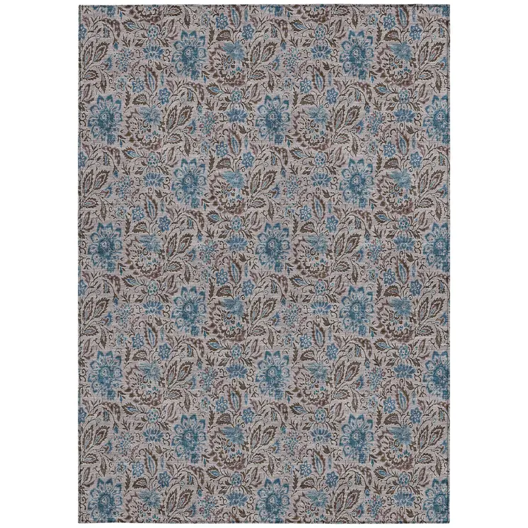 5' X 8' Brown And Blue Floral Washable Indoor Outdoor Area Rug