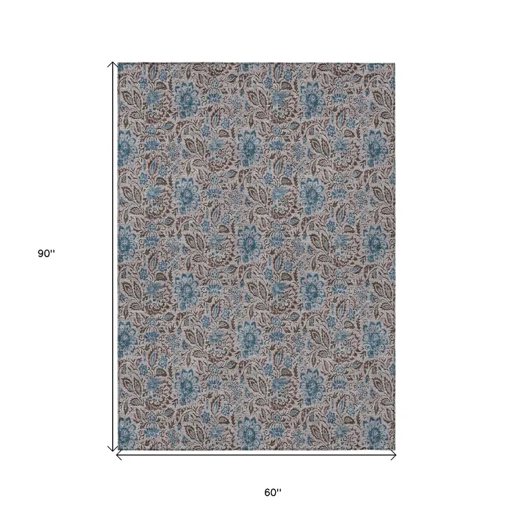 5' X 8' Brown And Blue Floral Washable Indoor Outdoor Area Rug