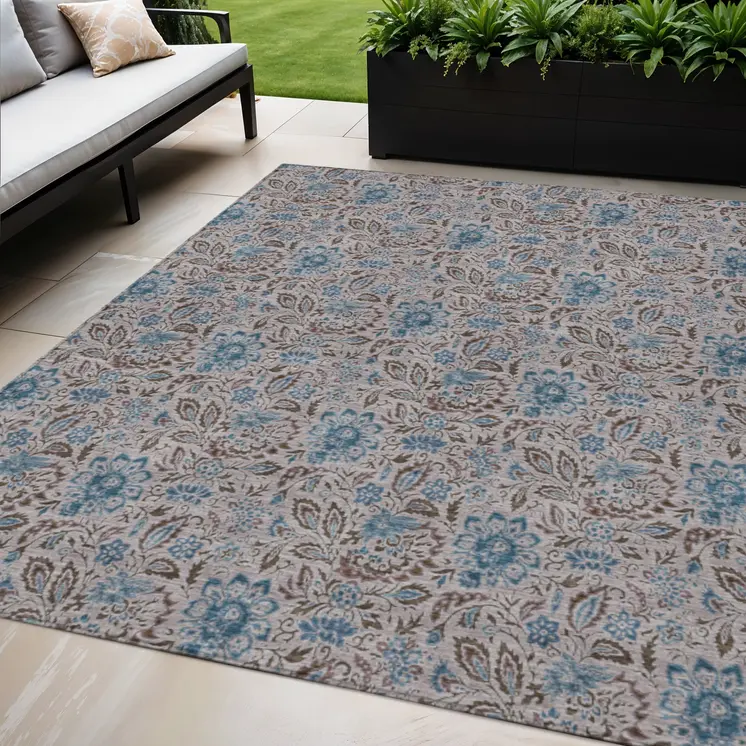 5' X 8' Brown And Blue Floral Washable Indoor Outdoor Area Rug