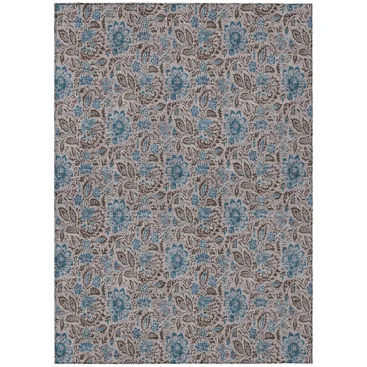 5' X 8' Brown And Blue Floral Washable Indoor Outdoor Area Rug