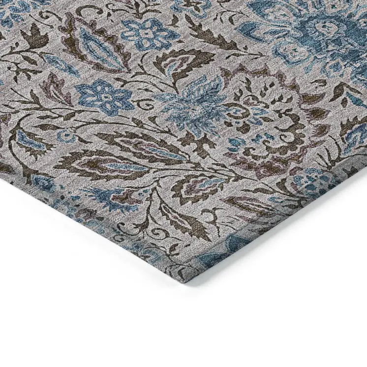 5' X 8' Brown And Blue Floral Washable Indoor Outdoor Area Rug