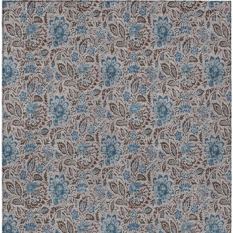 5' X 8' Brown And Blue Floral Washable Indoor Outdoor Area Rug