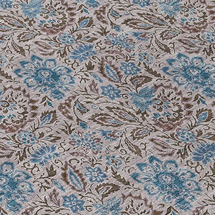 5' X 8' Brown And Blue Floral Washable Indoor Outdoor Area Rug