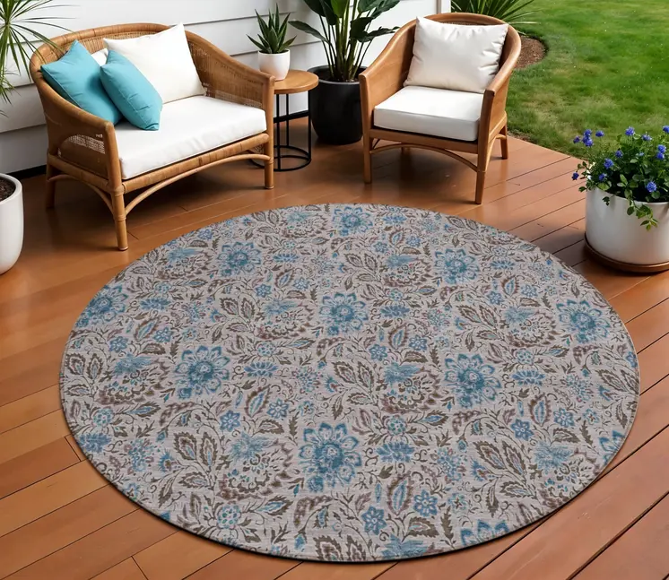 8' Brown And Blue Round Floral Washable Indoor Outdoor Area Rug