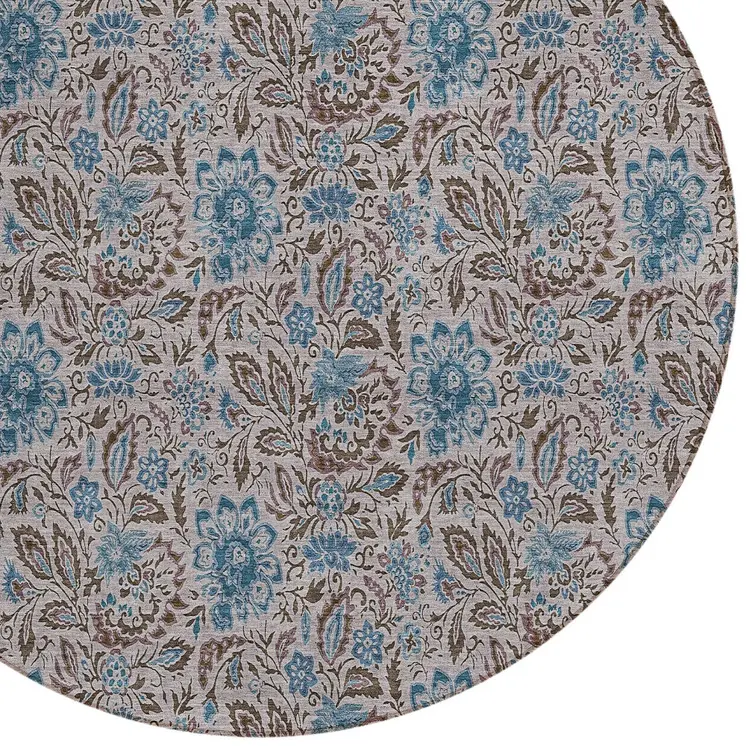 8' Brown And Blue Round Floral Washable Indoor Outdoor Area Rug