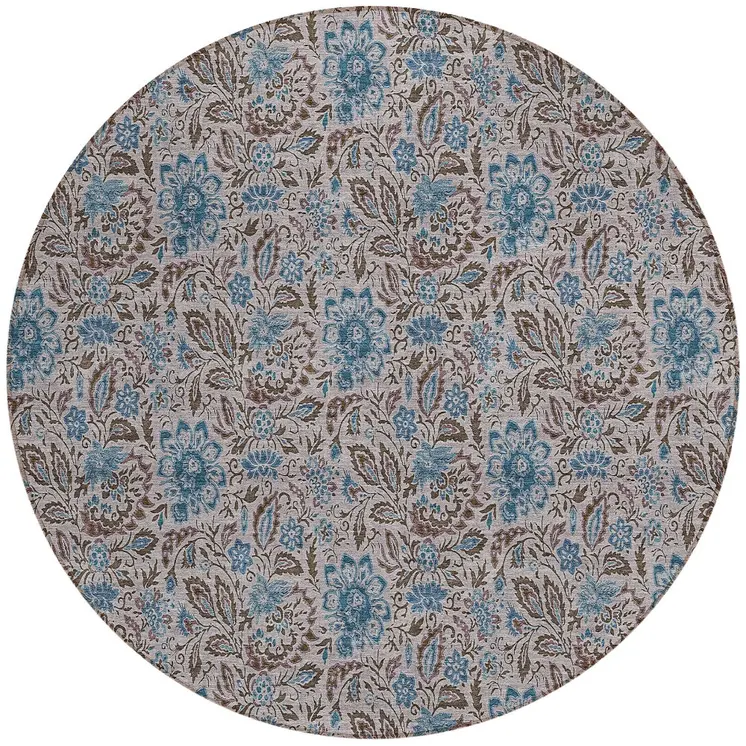 8' Brown And Blue Round Floral Washable Indoor Outdoor Area Rug