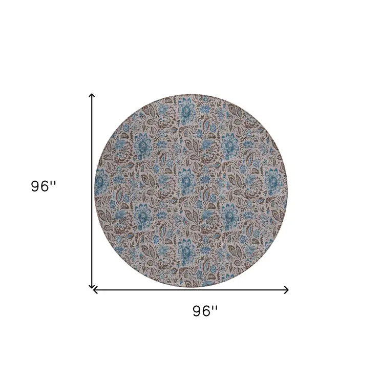8' Brown And Blue Round Floral Washable Indoor Outdoor Area Rug