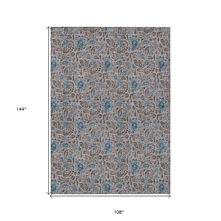 9' X 12' Brown And Blue Floral Washable Indoor Outdoor Area Rug