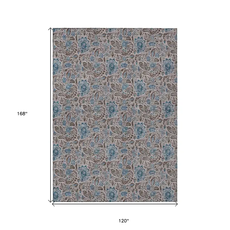 10' X 14' Brown And Blue Floral Washable Indoor Outdoor Area Rug