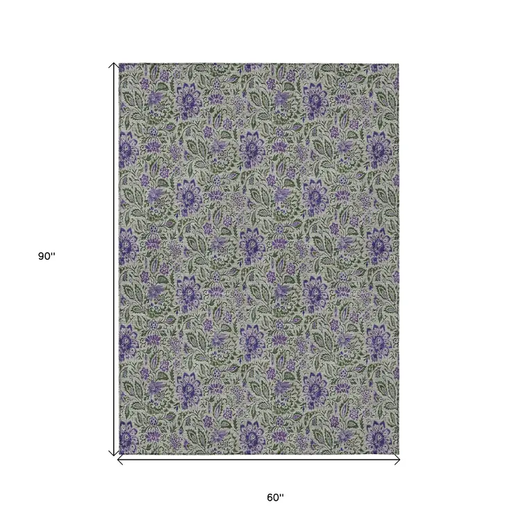 5' X 8' Olive Green Sage And Purple Floral Washable Indoor Outdoor Area Rug