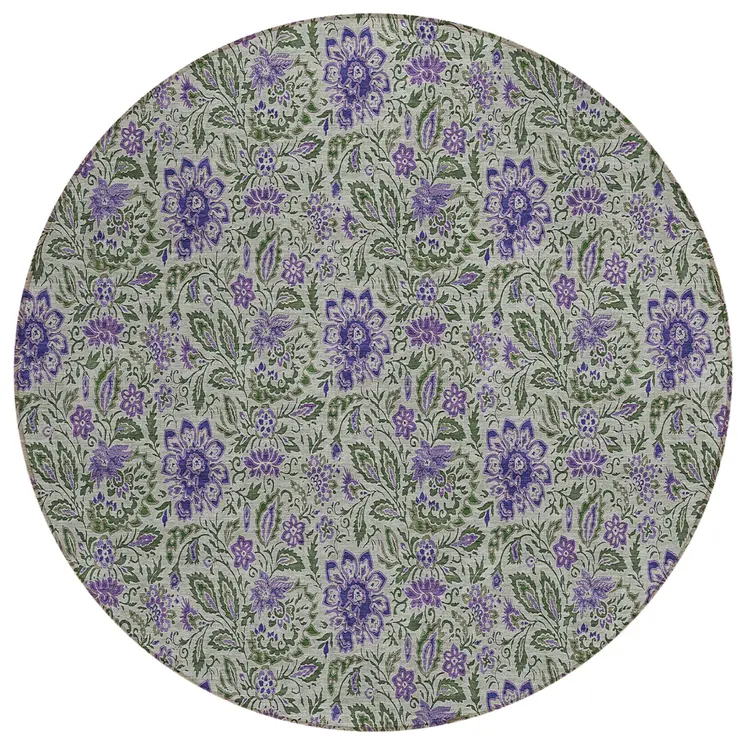 8' Olive Green Sage And Purple Round Floral Washable Indoor Outdoor Area Rug