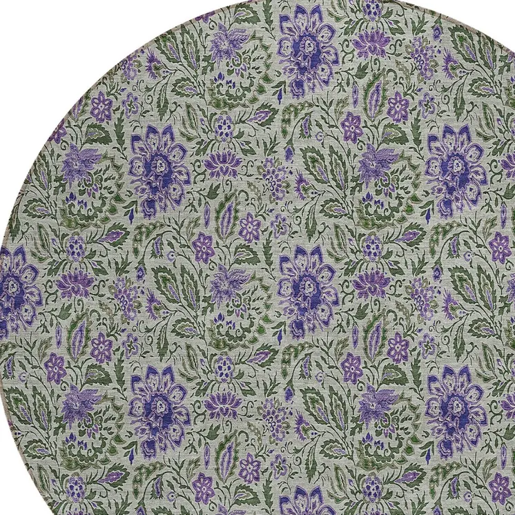 8' Olive Green Sage And Purple Round Floral Washable Indoor Outdoor Area Rug