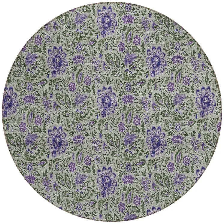 8' Olive Green Sage And Purple Round Floral Washable Indoor Outdoor Area Rug