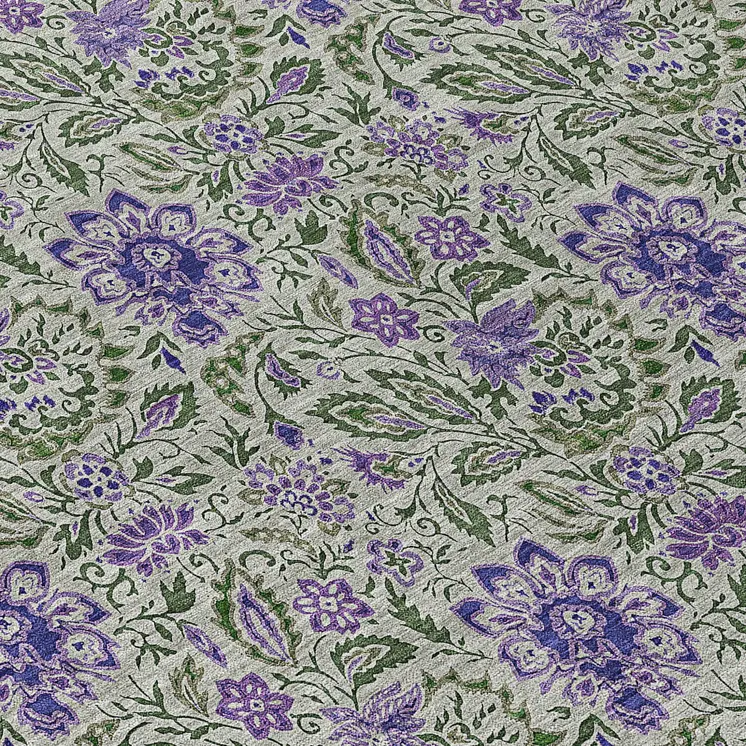 8' Olive Green Sage And Purple Round Floral Washable Indoor Outdoor Area Rug