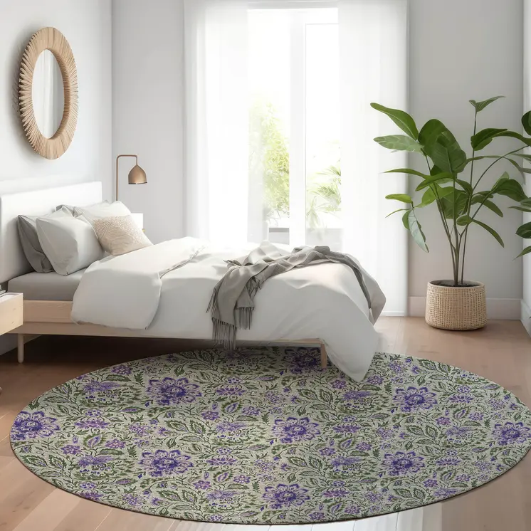 8' Olive Green Sage And Purple Round Floral Washable Indoor Outdoor Area Rug