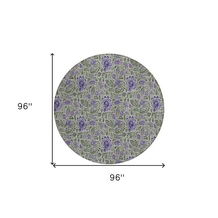 8' Olive Green Sage And Purple Round Floral Washable Indoor Outdoor Area Rug
