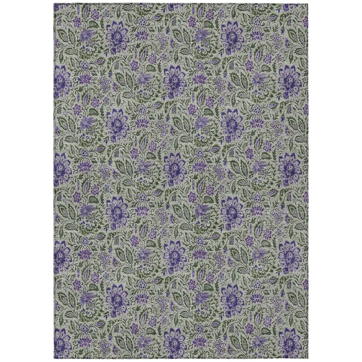 9' X 12' Olive Green Sage And Purple Floral Washable Indoor Outdoor Area Rug