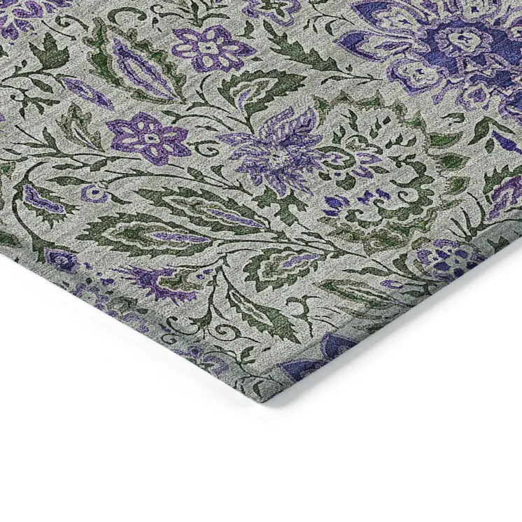 9' X 12' Olive Green Sage And Purple Floral Washable Indoor Outdoor Area Rug