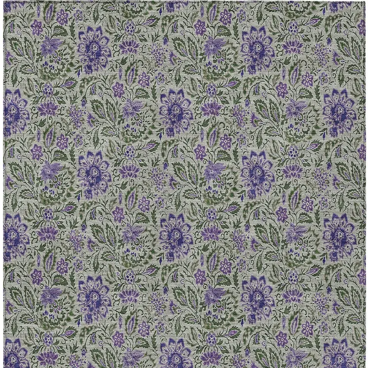 9' X 12' Olive Green Sage And Purple Floral Washable Indoor Outdoor Area Rug