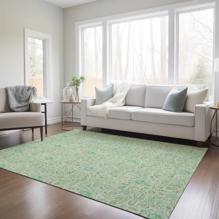 3' X 5' Sage And Artichoke Green Floral Washable Indoor Outdoor Area Rug