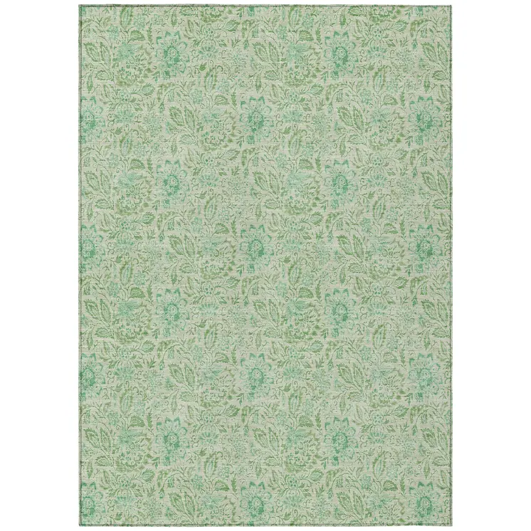 5' X 8' Sage And Artichoke Green Floral Washable Indoor Outdoor Area Rug