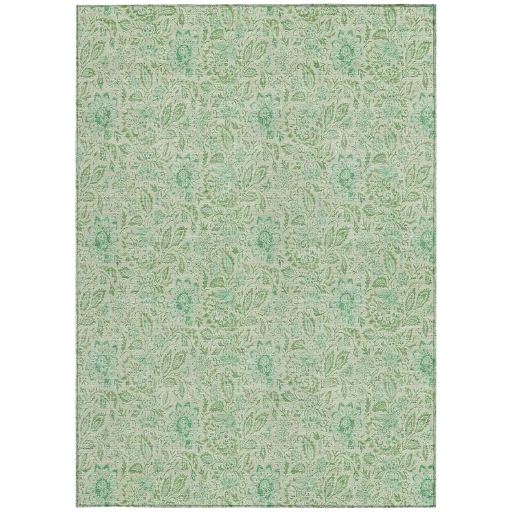 5' X 8' Sage And Artichoke Green Floral Washable Indoor Outdoor Area Rug