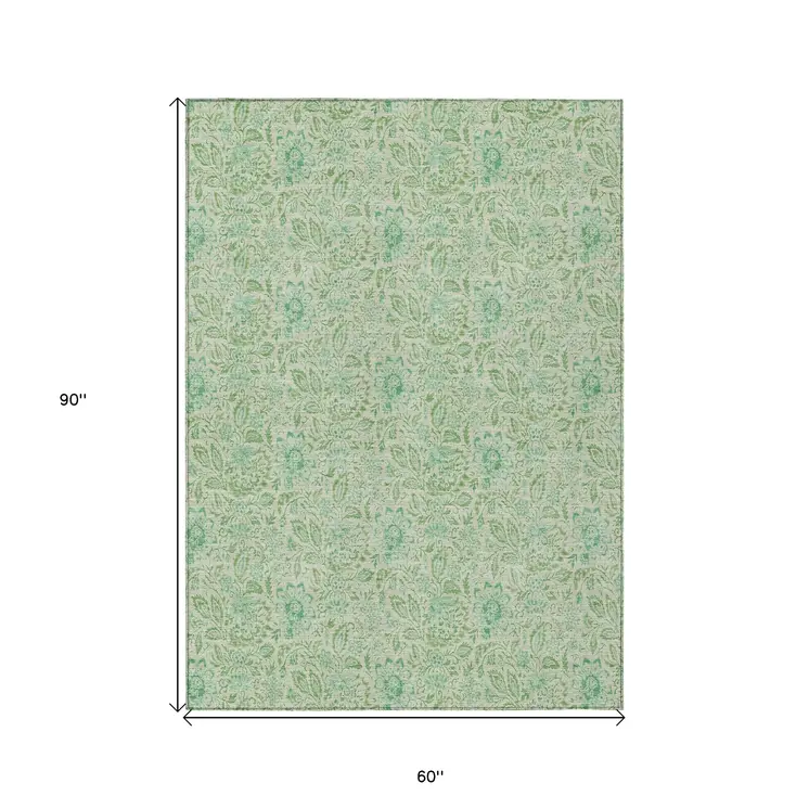 5' X 8' Sage And Artichoke Green Floral Washable Indoor Outdoor Area Rug
