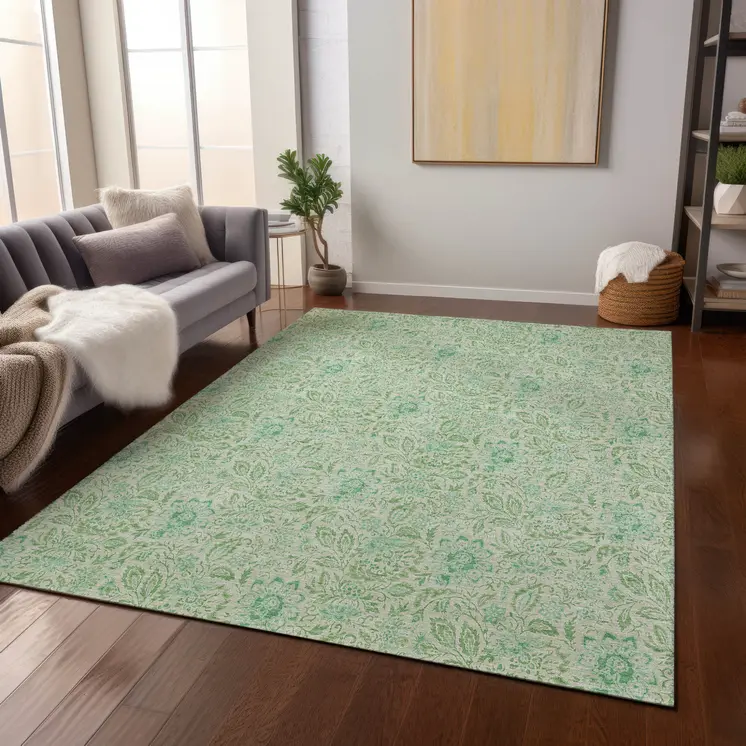 5' X 8' Sage And Artichoke Green Floral Washable Indoor Outdoor Area Rug