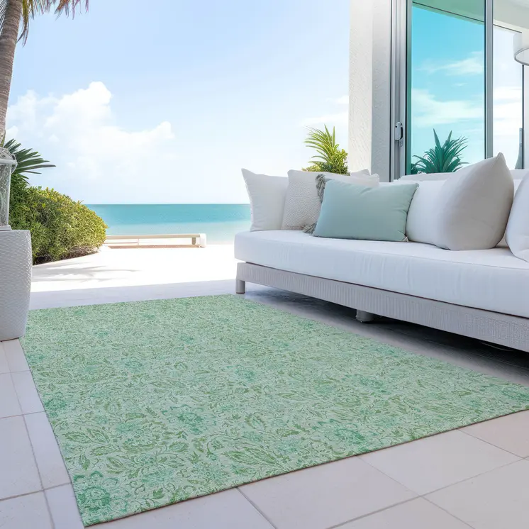 5' X 8' Sage And Artichoke Green Floral Washable Indoor Outdoor Area Rug