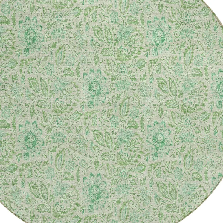 8' Sage And Artichoke Green Round Floral Washable Indoor Outdoor Area Rug