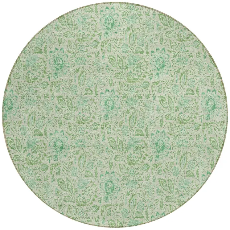 8' Sage And Artichoke Green Round Floral Washable Indoor Outdoor Area Rug