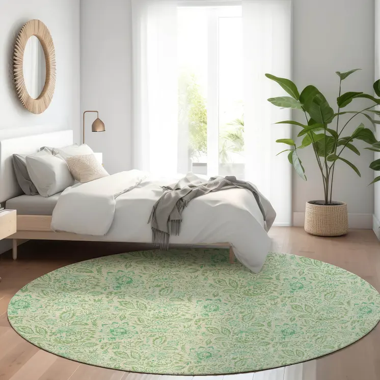 8' Sage And Artichoke Green Round Floral Washable Indoor Outdoor Area Rug