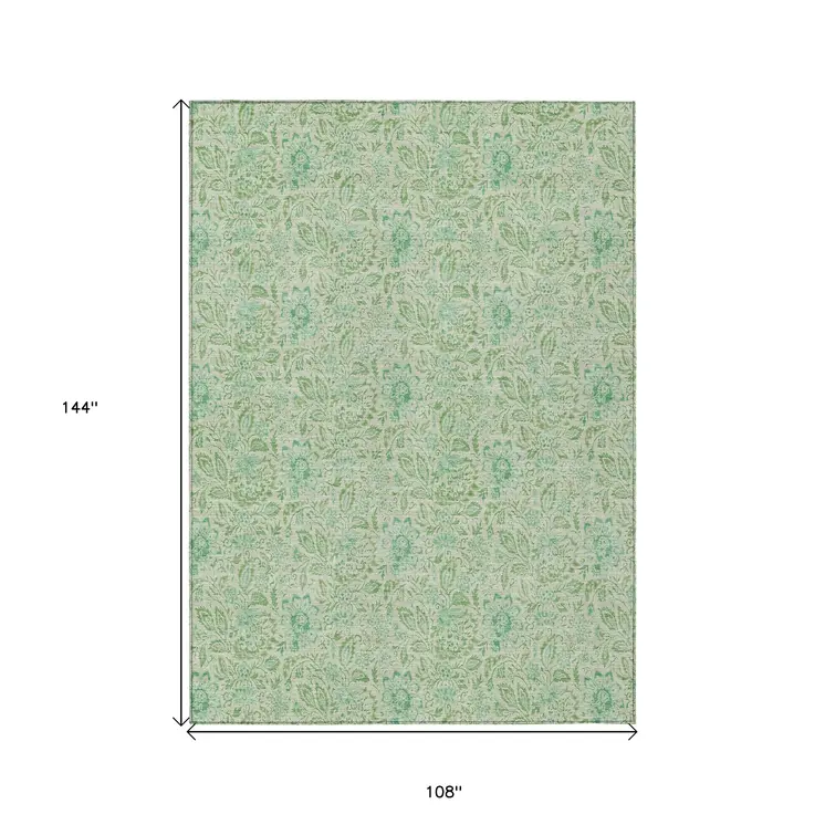 9' X 12' Sage And Artichoke Green Floral Washable Indoor Outdoor Area Rug