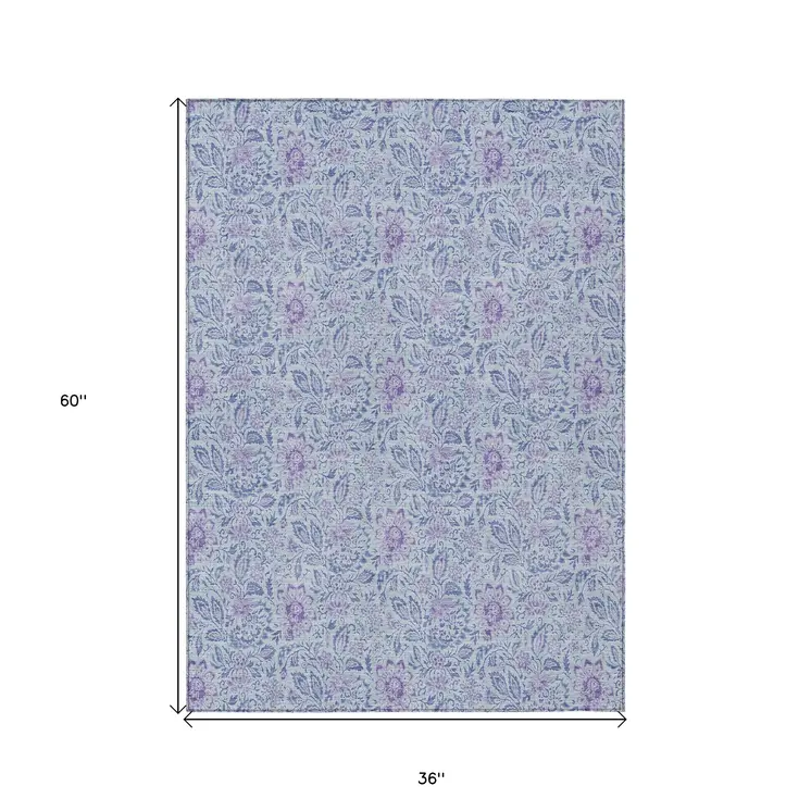 3' X 5' Sky Blue And Purple Floral Washable Indoor Outdoor Area Rug