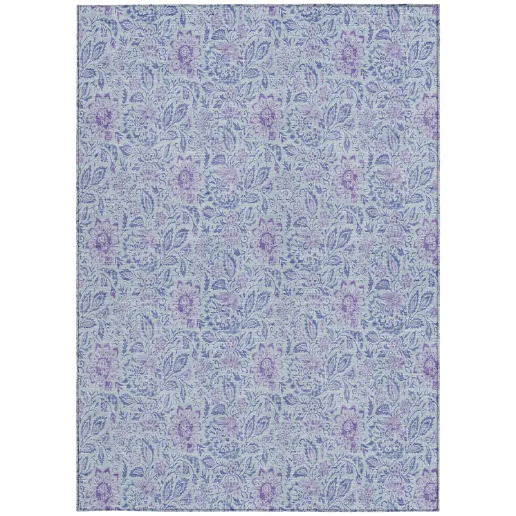 5' X 8' Sky Blue And Purple Floral Washable Indoor Outdoor Area Rug