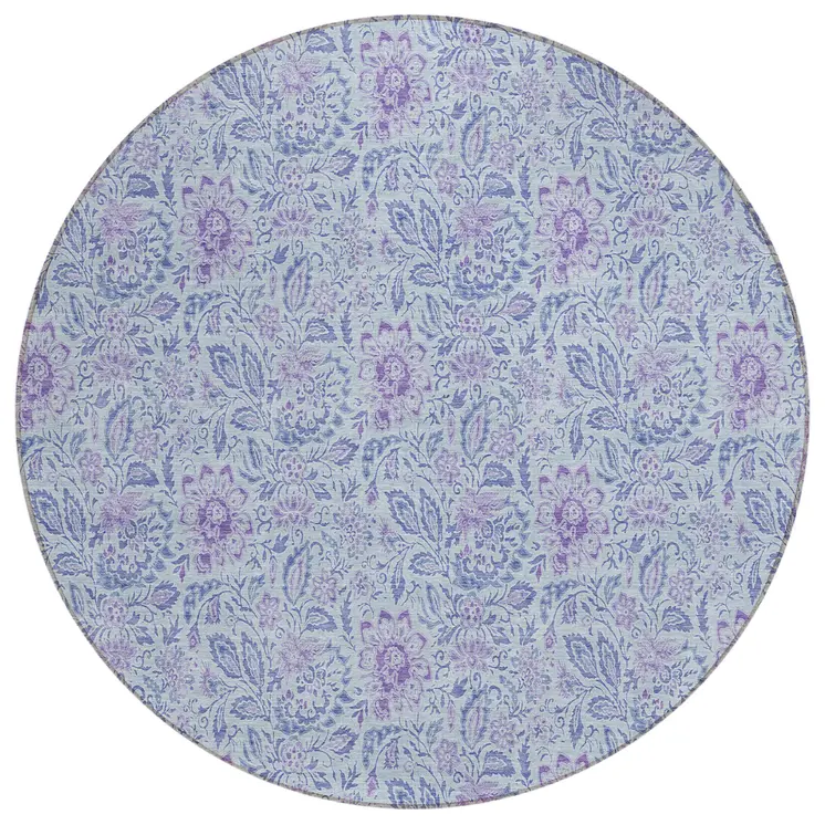 8' Sky Blue And Purple Round Floral Washable Indoor Outdoor Area Rug