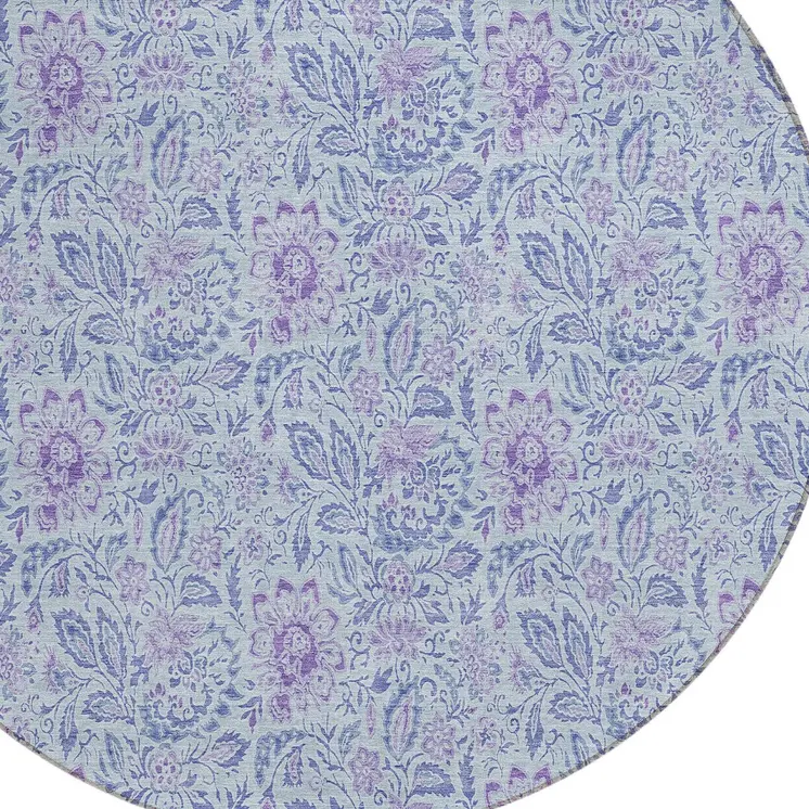 8' Sky Blue And Purple Round Floral Washable Indoor Outdoor Area Rug