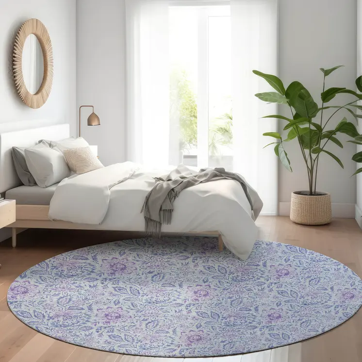 8' Sky Blue And Purple Round Floral Washable Indoor Outdoor Area Rug