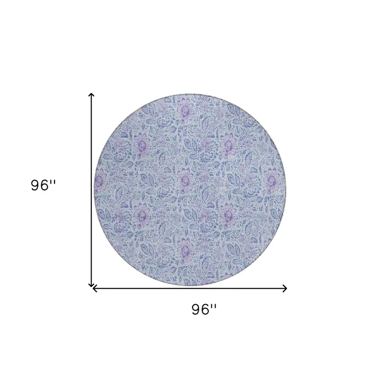 8' Sky Blue And Purple Round Floral Washable Indoor Outdoor Area Rug