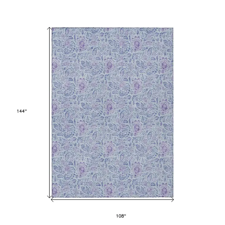 9' X 12' Sky Blue And Purple Floral Washable Indoor Outdoor Area Rug