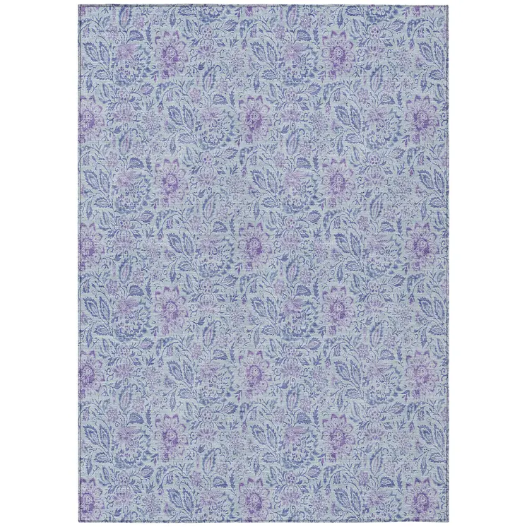 9' X 12' Sky Blue And Purple Floral Washable Indoor Outdoor Area Rug
