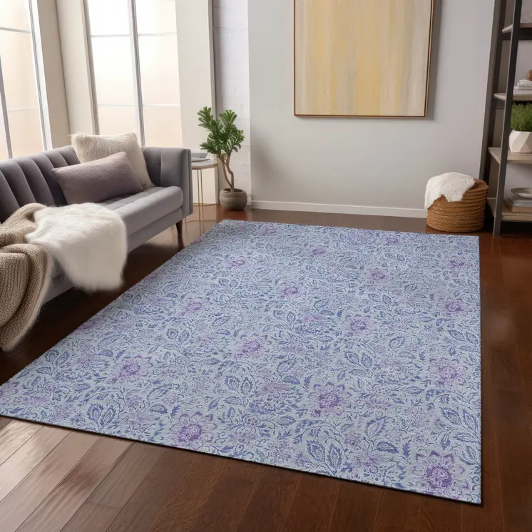 9' X 12' Sky Blue And Purple Floral Washable Indoor Outdoor Area Rug