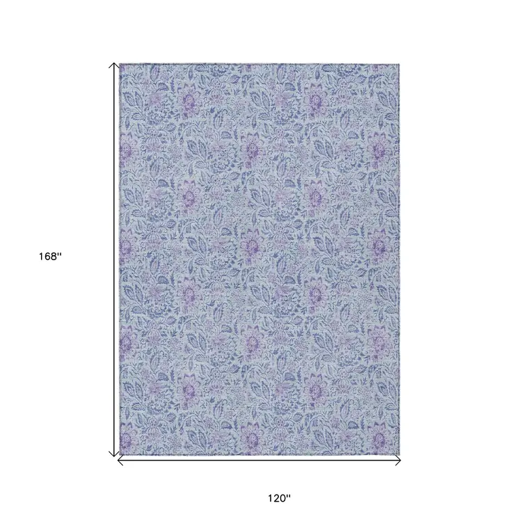 10' X 14' Sky Blue And Purple Floral Washable Indoor Outdoor Area Rug
